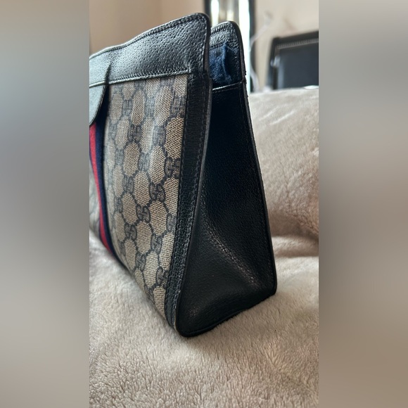 Beige and Navy GG Monogram Clutch with Striped Logo Accent - Picture 2 of 8